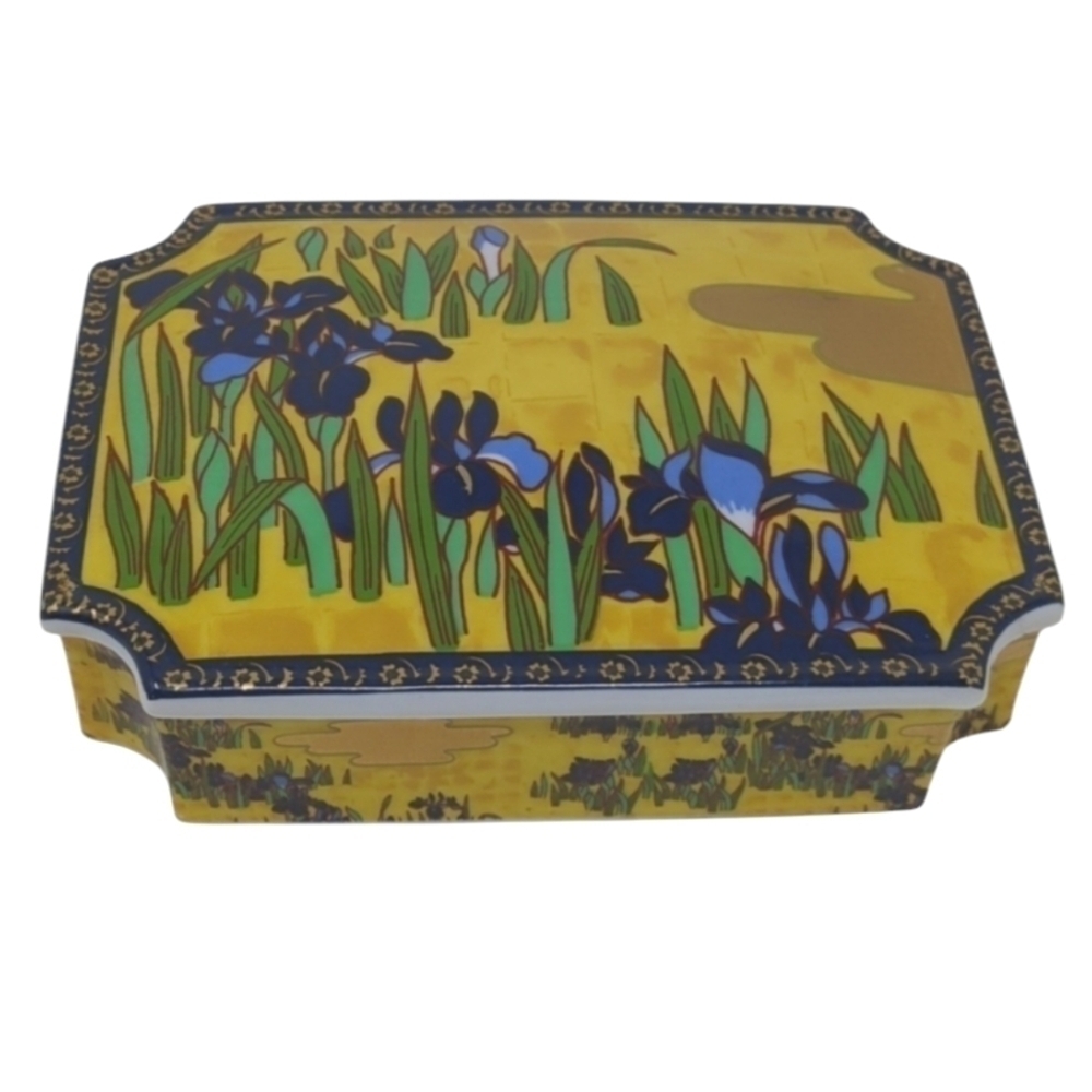 Trinket Box Ceramic Cover Floral Purple Iris Enesco 1979 Jewelry Yellow Gold 6"